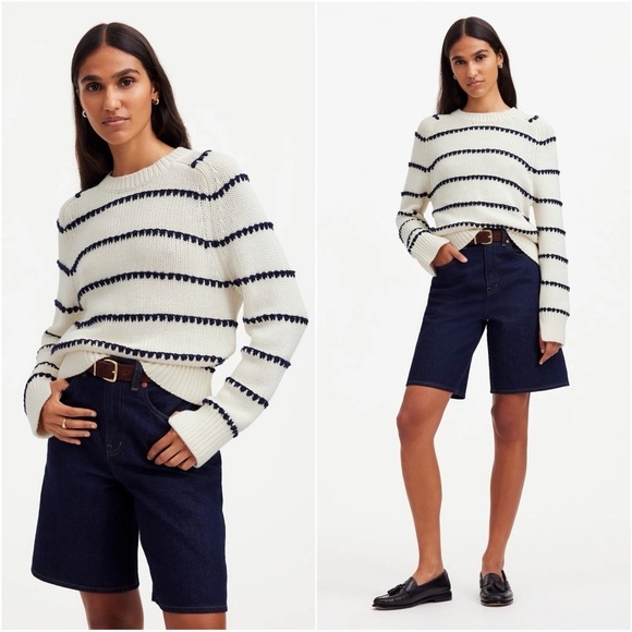 Madewell Sweater Textured Cotton Crewneck in Stripe Bright Ivory Navy Stripe S - Picture 1 of 13